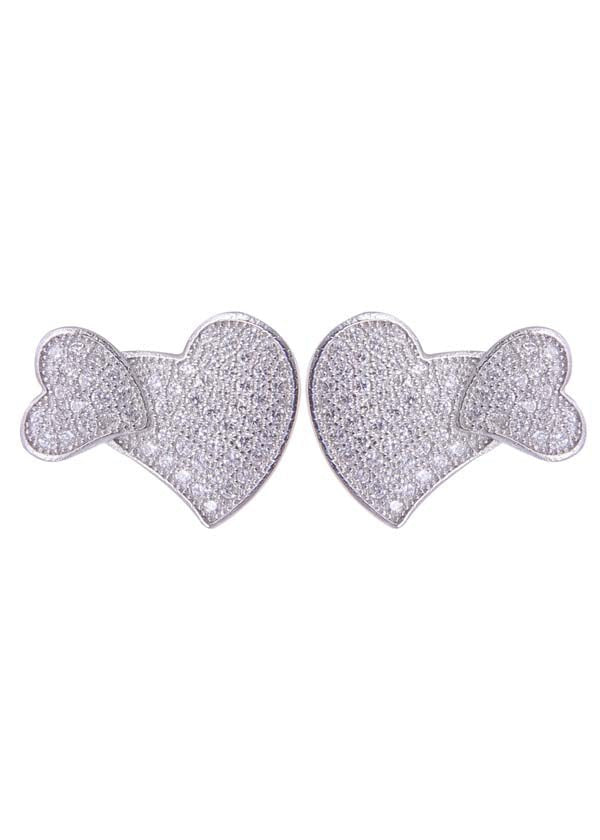 925 Sterling Silver Designer Love Heart Studs With Cubic Zirconia CZ Stones - Studs