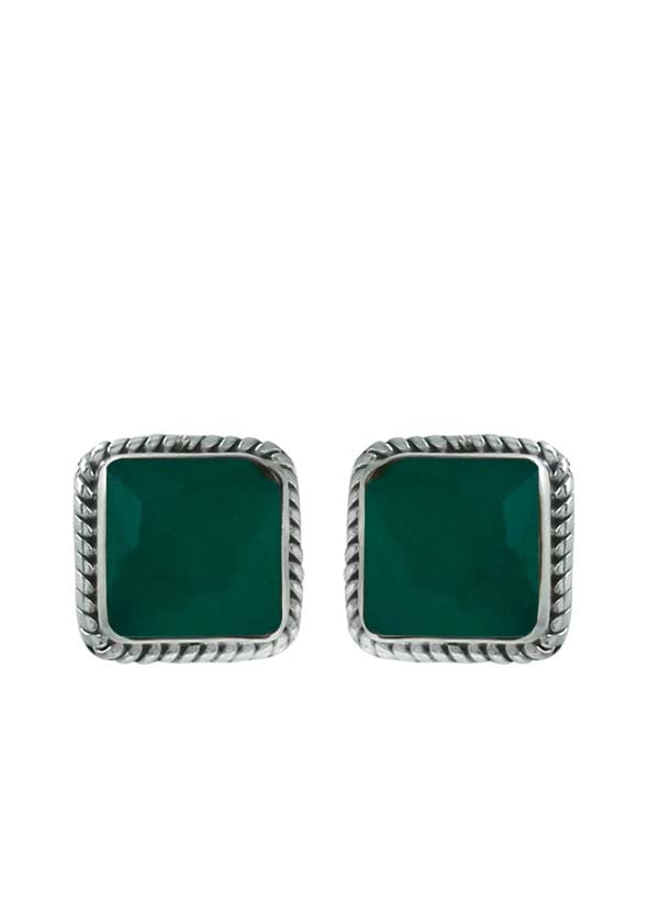 92.5 Sterling Silver Designer Square Emerald Precious Stone Stud Earrings - Studs