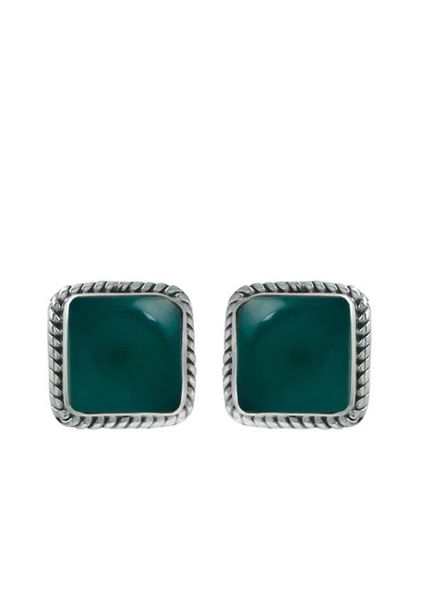 92.5 Sterling Silver Designer Square Green Onyx Precious Stone Stud Earrings - Studs