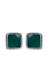 92.5 Sterling Silver Designer Square Green Onyx Precious Stone Stud Earrings - Studs