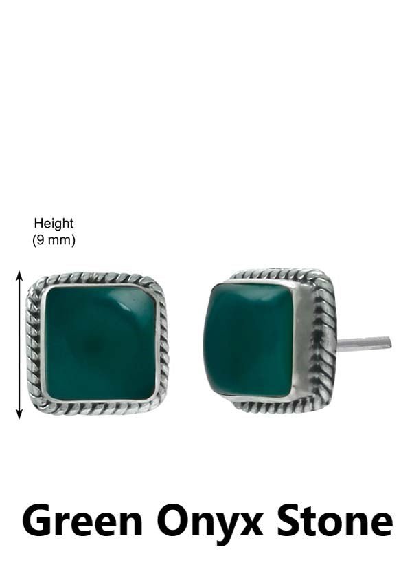 92.5 Sterling Silver Designer Square Green Onyx Precious Stone Stud Earrings - Studs