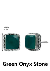 92.5 Sterling Silver Designer Square Green Onyx Precious Stone Stud Earrings - Studs