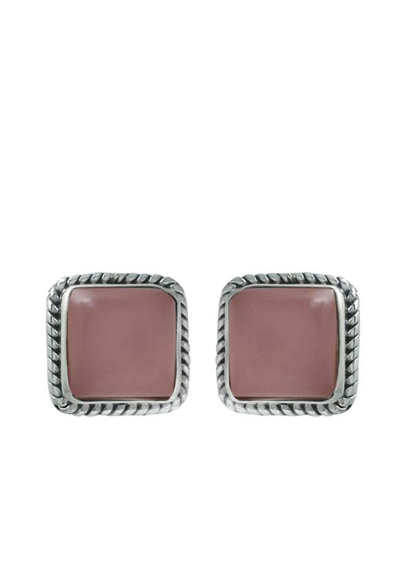 92.5 Sterling Silver Designer Square Rose Quartz Precious Stone Stud Earrings - Studs
