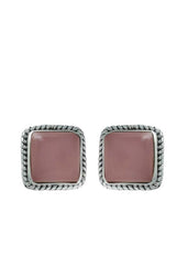 92.5 Sterling Silver Designer Square Rose Quartz Precious Stone Stud Earrings - Studs