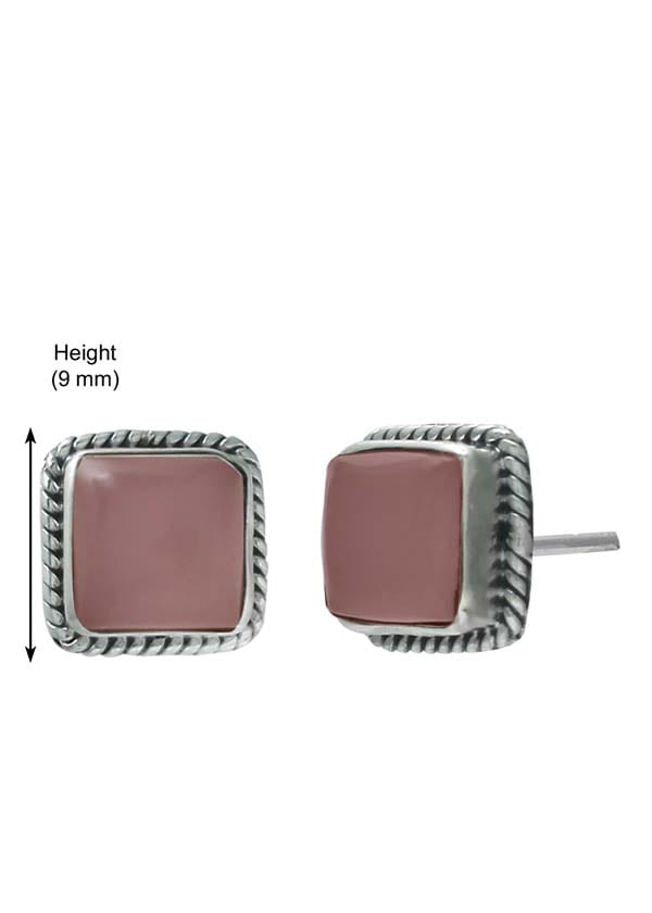 92.5 Sterling Silver Designer Square Rose Quartz Precious Stone Stud Earrings - Studs