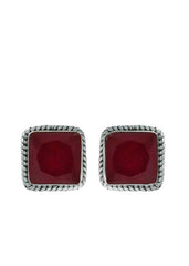 92.5 Sterling Silver Designer Square Ruby Precious Stone Stud Earrings - Studs