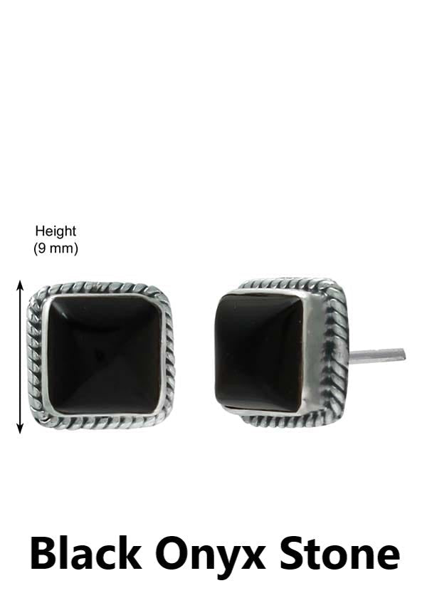 92.5 Sterling Silver Designer Square Shape Black Onyx Precious Stone Stud Earrings - Studs