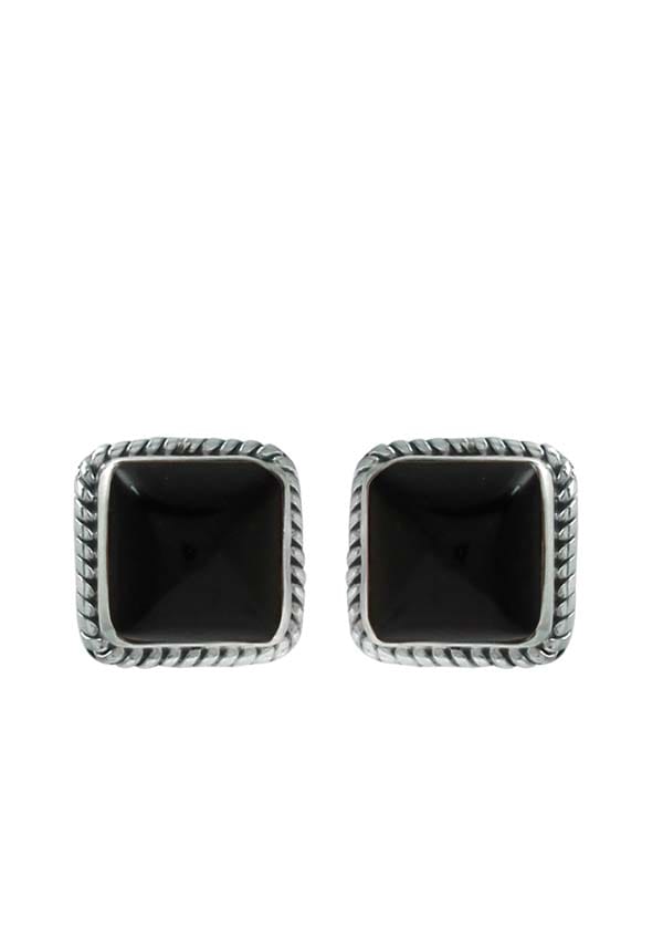 92.5 Sterling Silver Designer Square Shape Black Onyx Precious Stone Stud Earrings - Studs