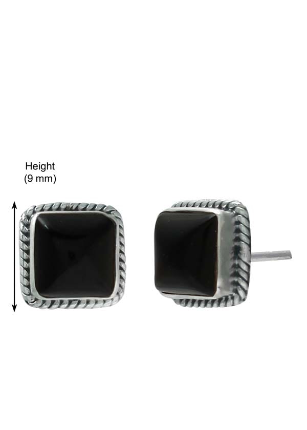 92.5 Sterling Silver Designer Square Shape Black Onyx Precious Stone Stud Earrings - Studs