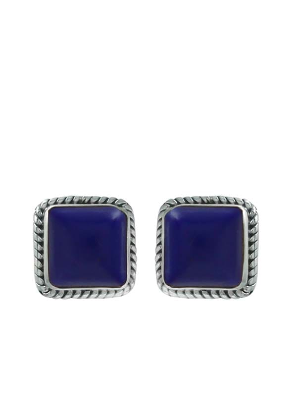92.5 Sterling Silver Designer Square Shape Lapis Lazuli Precious Stone Stud Earrings - Studs