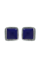 92.5 Sterling Silver Designer Square Shape Lapis Lazuli Precious Stone Stud Earrings - Studs