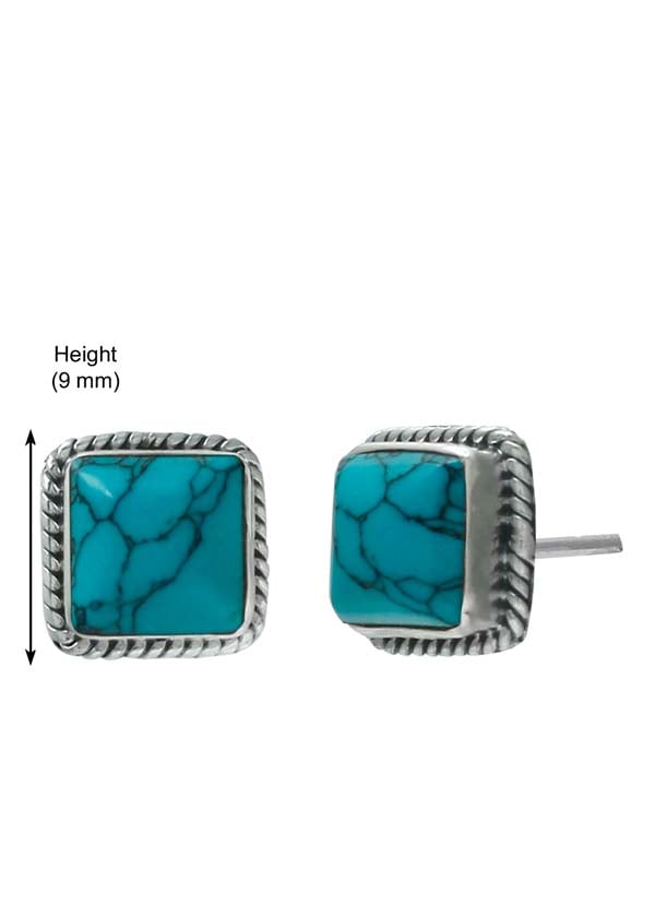 92.5 Sterling Silver Designer Square Turquoise Precious Stone Stud Earrings - Studs