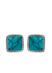 92.5 Sterling Silver Designer Square Turquoise Precious Stone Stud Earrings - Studs