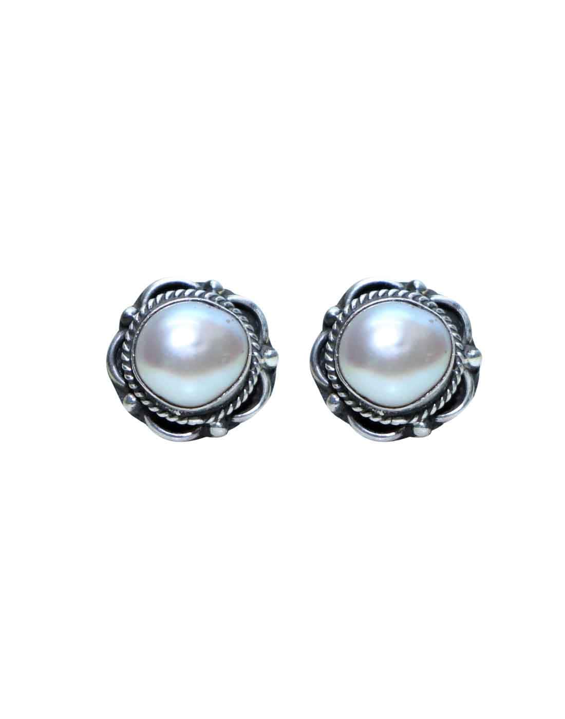 92.5 Sterling Silver Designer White Pearl Stud Earrings - Studs