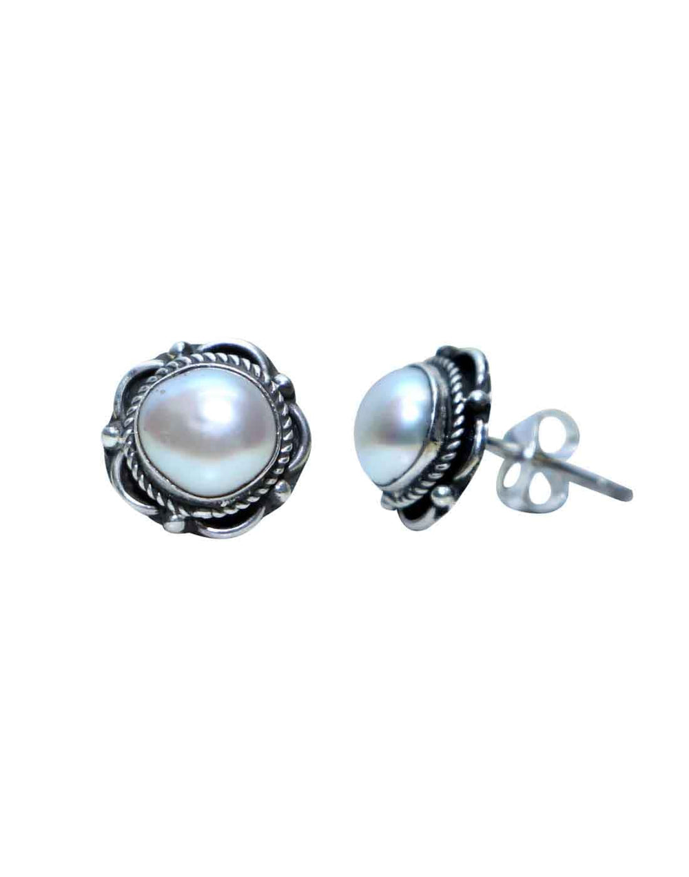 92.5 Sterling Silver Designer White Pearl Stud Earrings - Studs