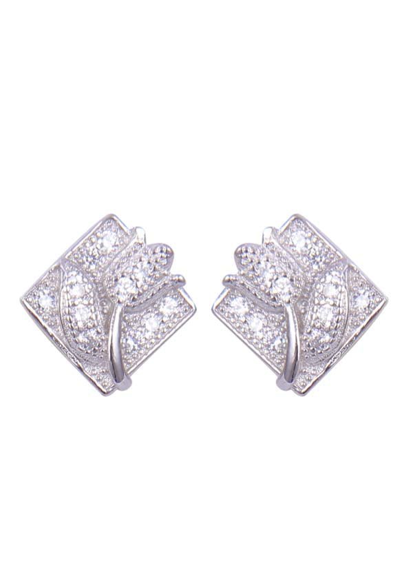 925 Sterling Silver Flower On Square Cz studs - Studs