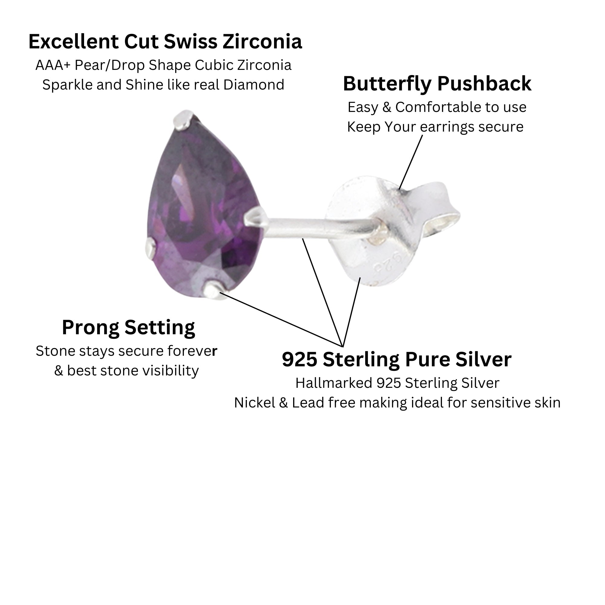 925 Sterling Silver Pair of Pear Shape Dark Purple CZ Stone Piercing Stud Earrings - Studs