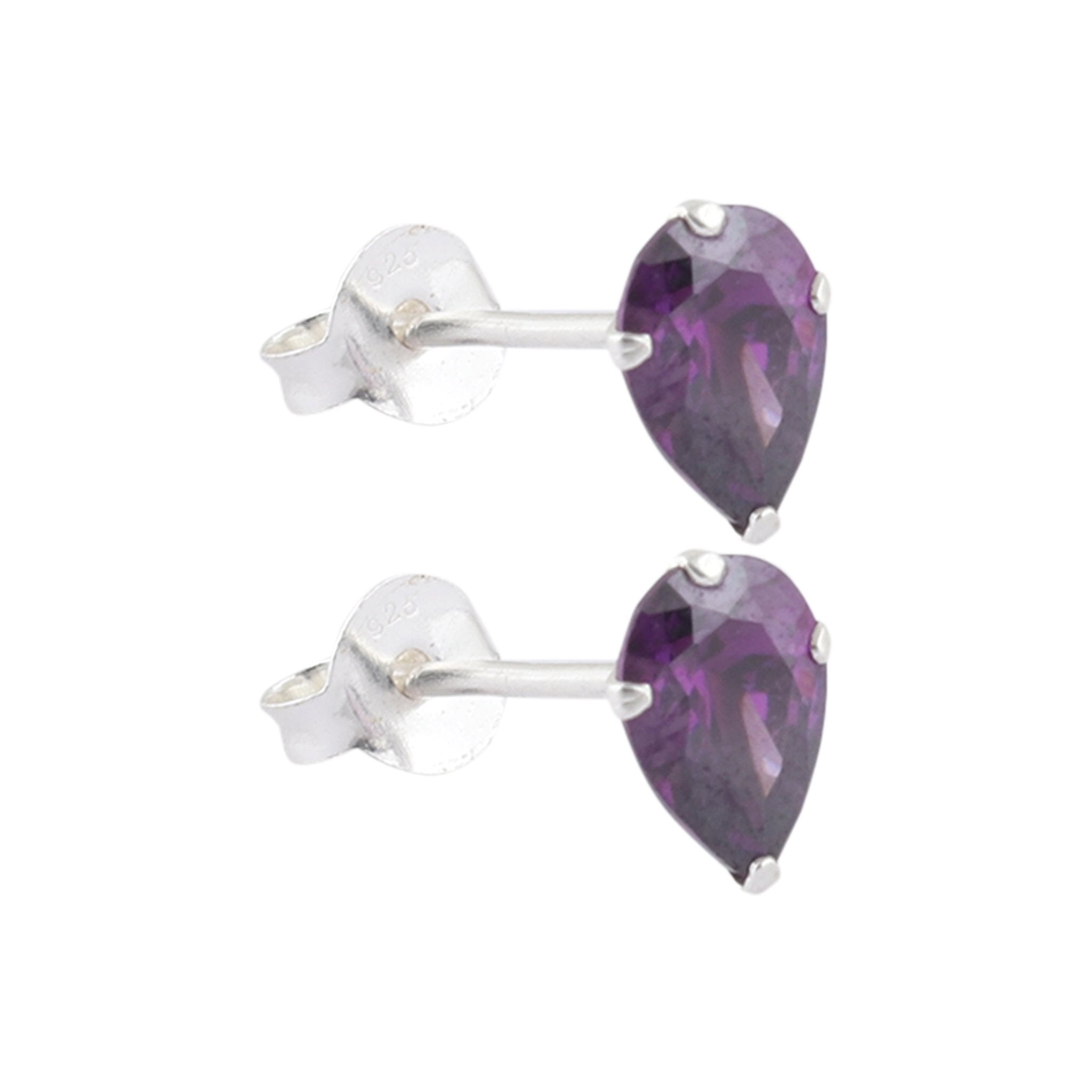 925 Sterling Silver Pair of Pear Shape Dark Purple CZ Stone Piercing Stud Earrings - Studs