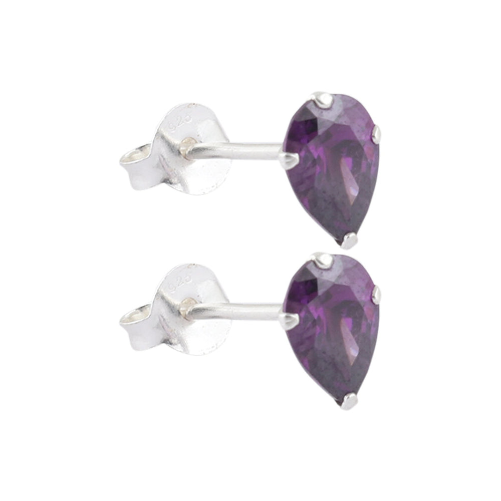 925 Sterling Silver Pair of Pear Shape Dark Purple CZ Stone Piercing Stud Earrings - Studs