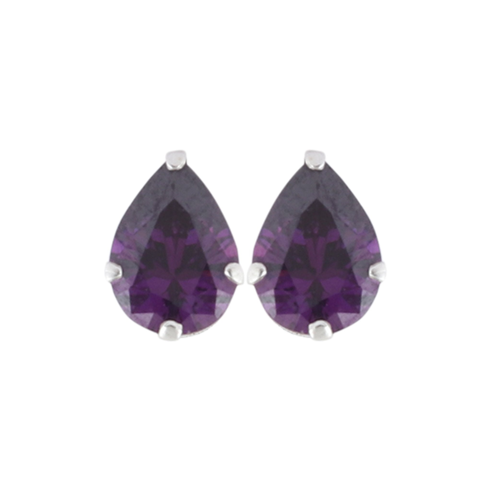 925 Sterling Silver Pair of Pear Shape Dark Purple CZ Stone Piercing Stud Earrings - Studs