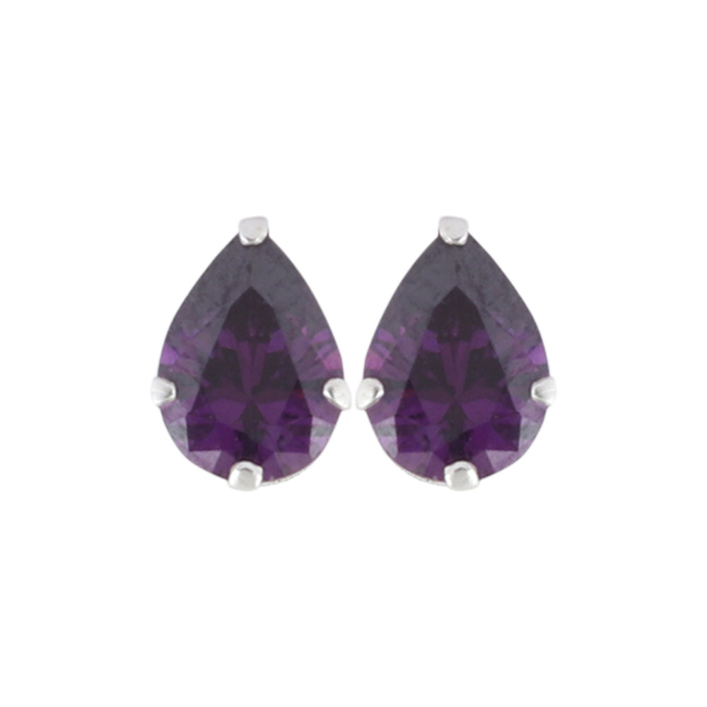 925 Sterling Silver Pair of Pear Shape Dark Purple CZ Stone Piercing Stud Earrings - Studs
