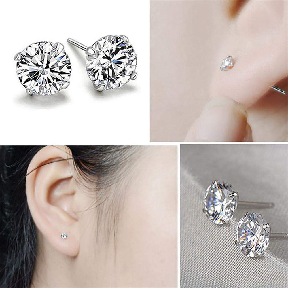 925 Sterling Silver pair of Round shape 8mm Single White Cubic Zircon (CZ) Unisex Stud Earrings - Studs
