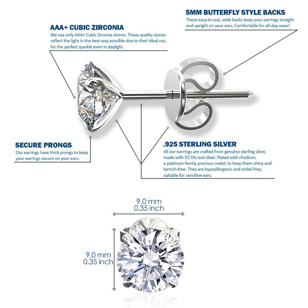 925 Sterling Silver pair of Round shape 9mm Single White Cubic Zircon (CZ) Unisex Stud Earrings - Studs