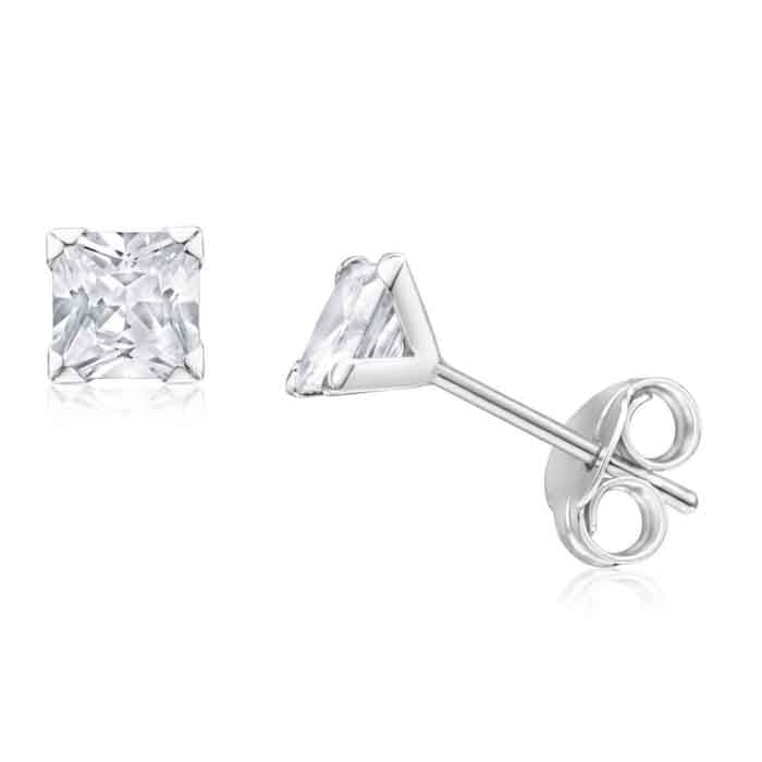 925 Sterling Silver pair of Square shape 10 mm Single White Cubic Zircon (CZ) Unisex Stud Earrings - Studs