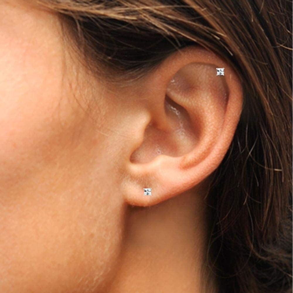 925 Sterling Silver pair of Square shape 2mm Single White Cz Unisex Stud Earrings - Studs