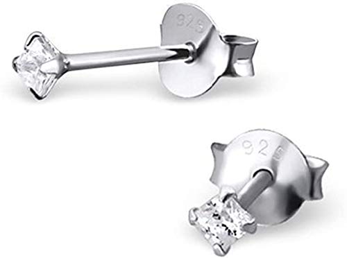 925 Sterling Silver pair of Square shape 2mm Single White Cz Unisex Stud Earrings - Studs