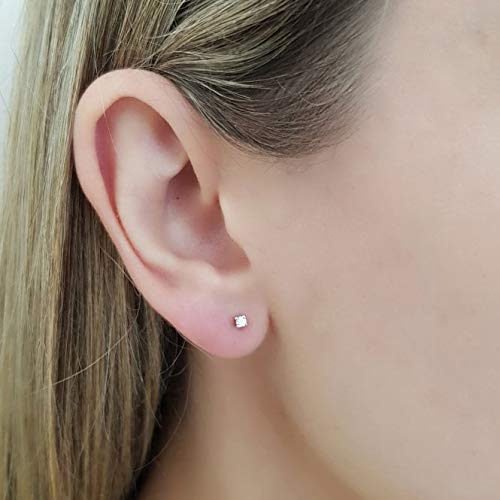 925 Sterling Silver pair of Square shape 2mm Single White Cz Unisex Stud Earrings - Studs