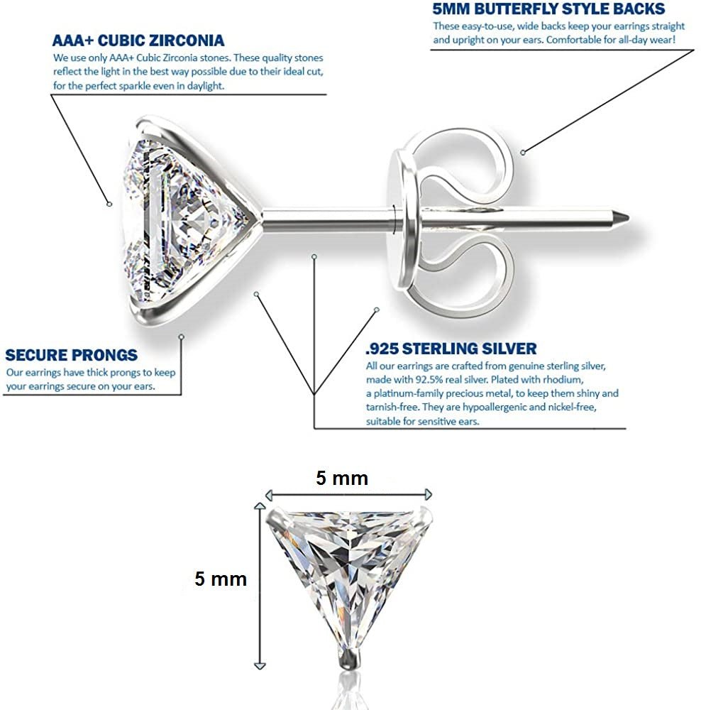 925 Sterling Silver pair of Triangle shape 5mm White Cubic Zircon (CZ) Stone - Studs