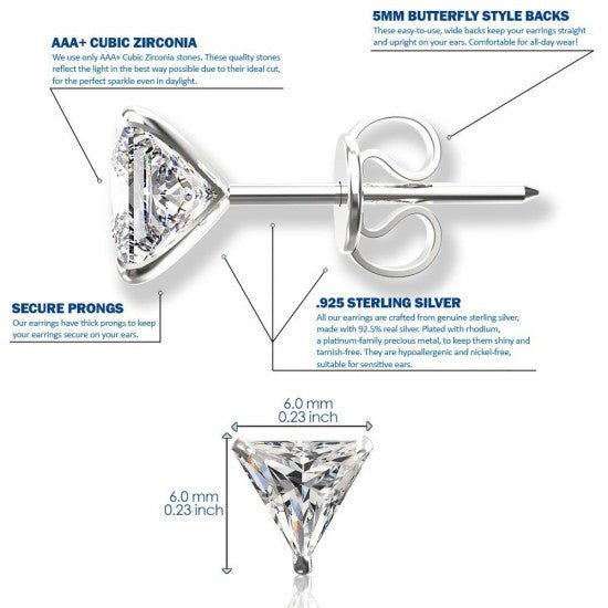 925 Sterling Silver pair of Triangle shape 6mm White Cubic Zircon (CZ) Stone Unisex Stud Earrings - Studs
