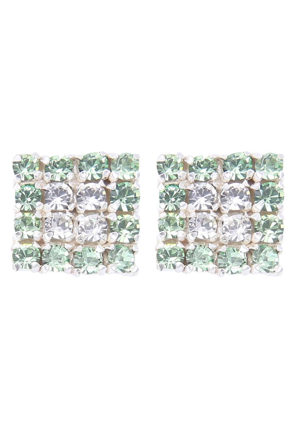 92.5 Sterling Silver Square Studs Unisex Earrings in Silver and Green And White Cubic Zirconia CZ - Studs