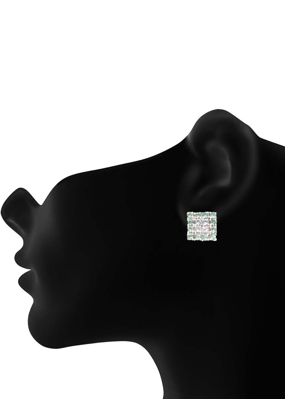 92.5 Sterling Silver Square Studs Unisex Earrings in Silver and Green And White Cubic Zirconia CZ - Studs