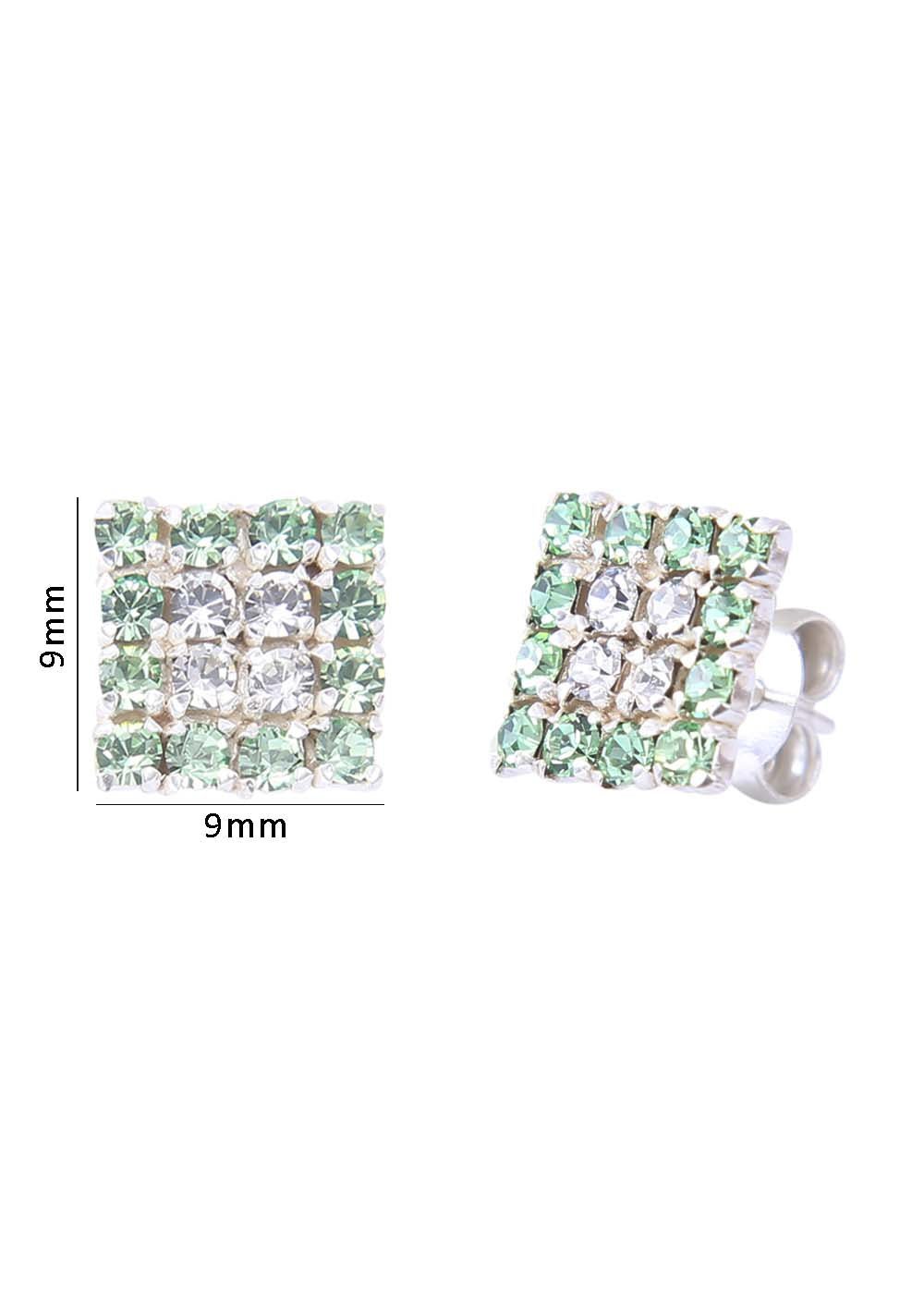 92.5 Sterling Silver Square Studs Unisex Earrings in Silver and Green And White Cubic Zirconia CZ - Studs