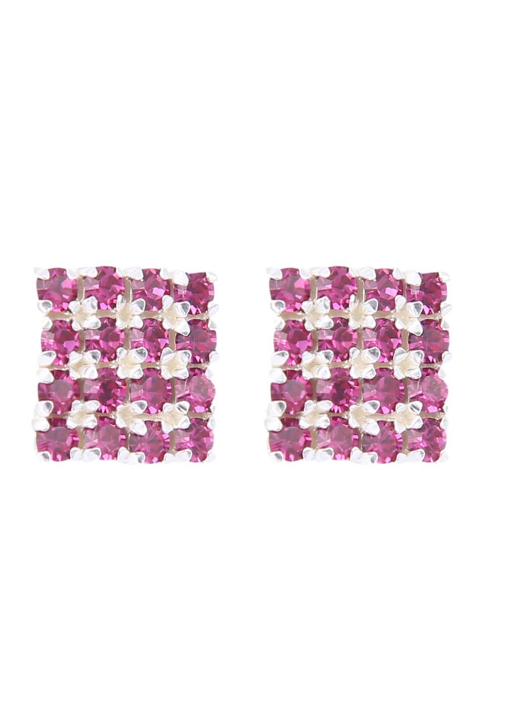 92.5 Sterling Silver Square Studs Unisex Earrings in Silver and Pink Cubic Zirconia CZ - Studs