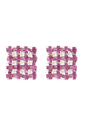 92.5 Sterling Silver Square Studs Unisex Earrings in Silver and Pink Cubic Zirconia CZ - Studs