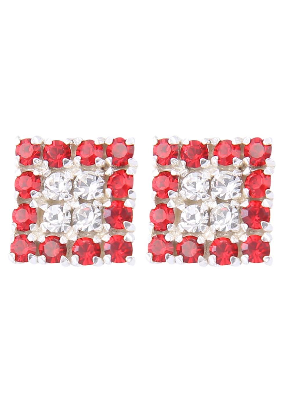 92.5 Sterling Silver Square Studs Unisex Earrings in Silver and Red and White Cubic Zirconia CZ f - Studs