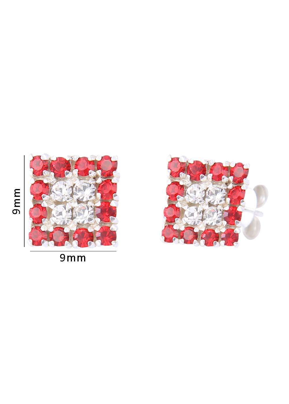 92.5 Sterling Silver Square Studs Unisex Earrings in Silver and Red and White Cubic Zirconia CZ f - Studs