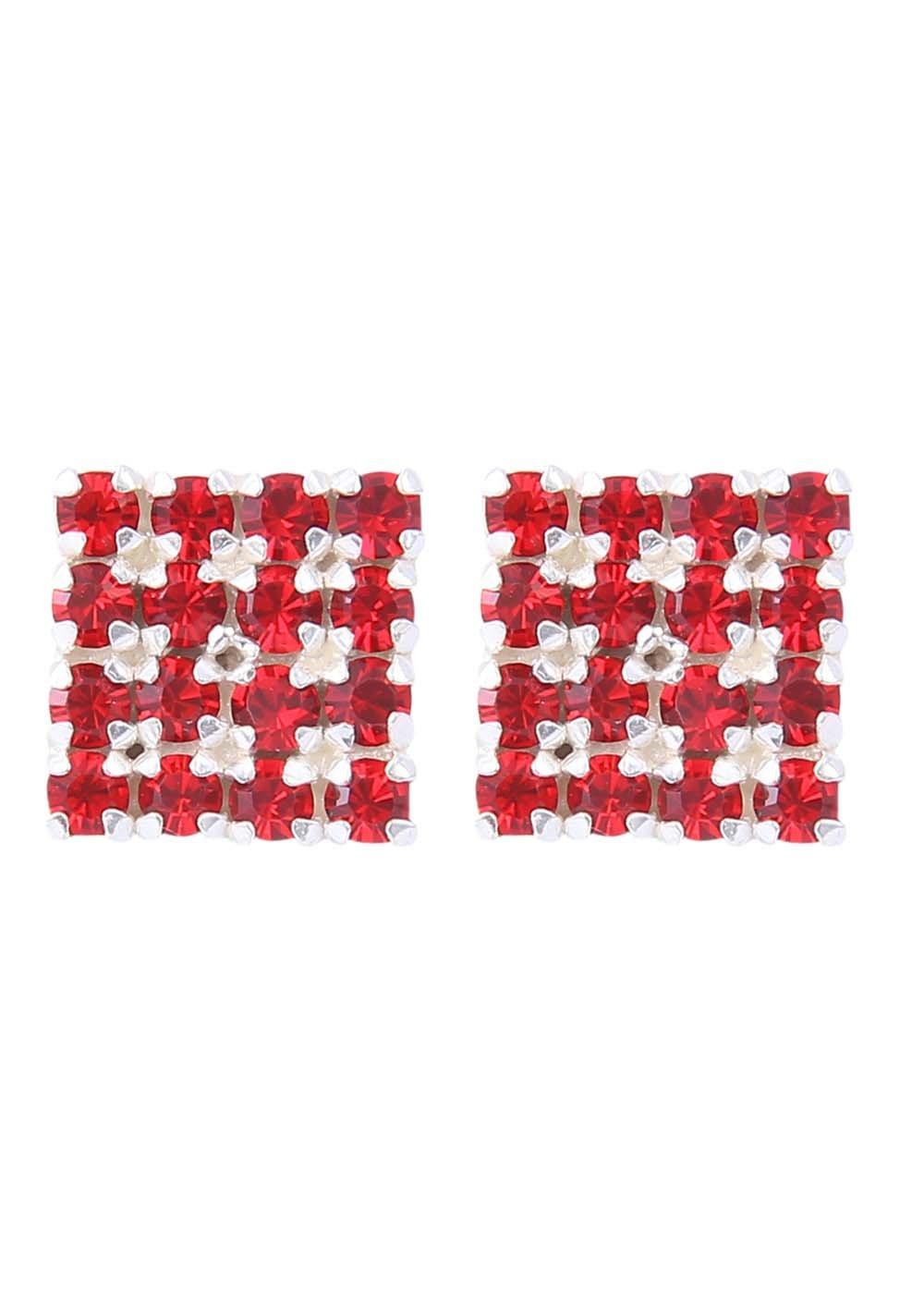 92.5 Sterling Silver Square Studs Unisex Earrings in Silver and Red Cubic Zirconia CZ - Studs