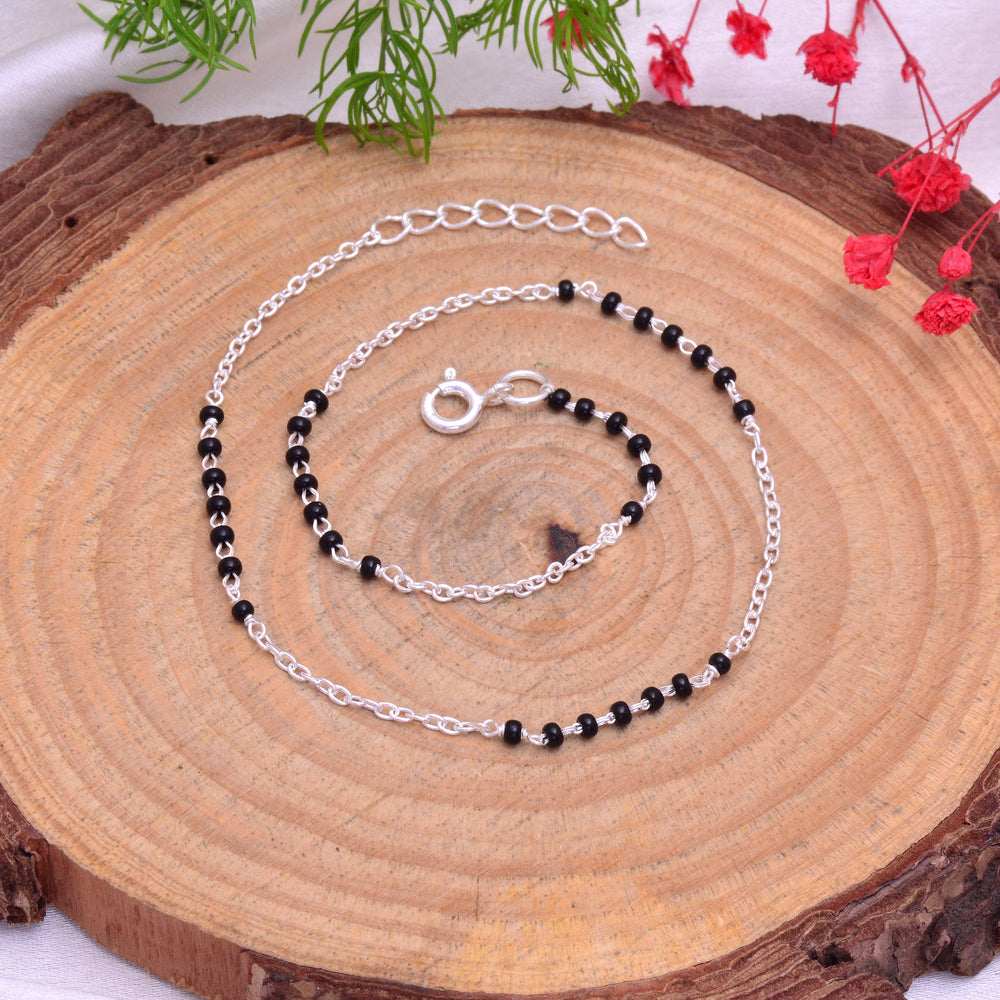 Black Beads and 925 Silver Chain Anklet