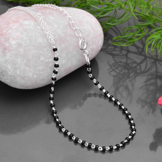 Half n Half Designer and Adjustable Single Anklet with Black Beads and 925 Silver Chain