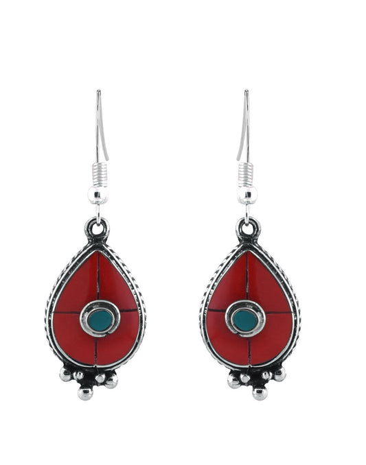 Tribal Nepalese Nepali Red Coral Earrings in Silver Alloy