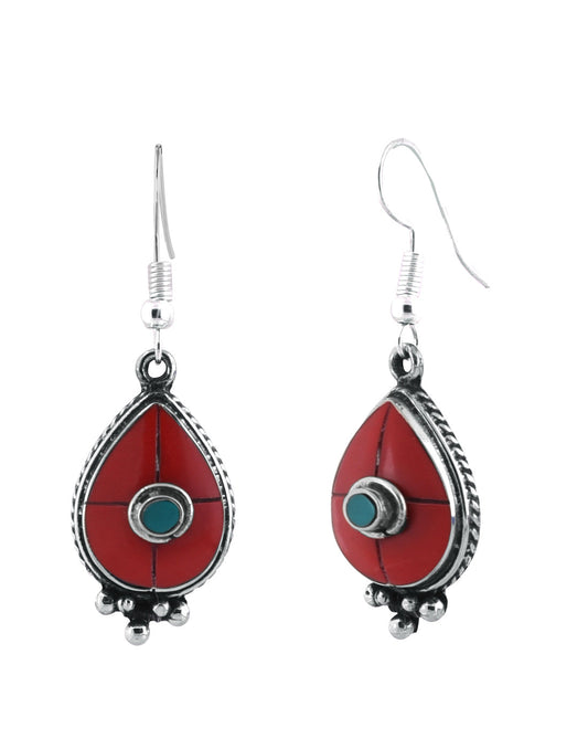 Tribal Nepalese Nepali Red Coral Earrings in Silver Alloy