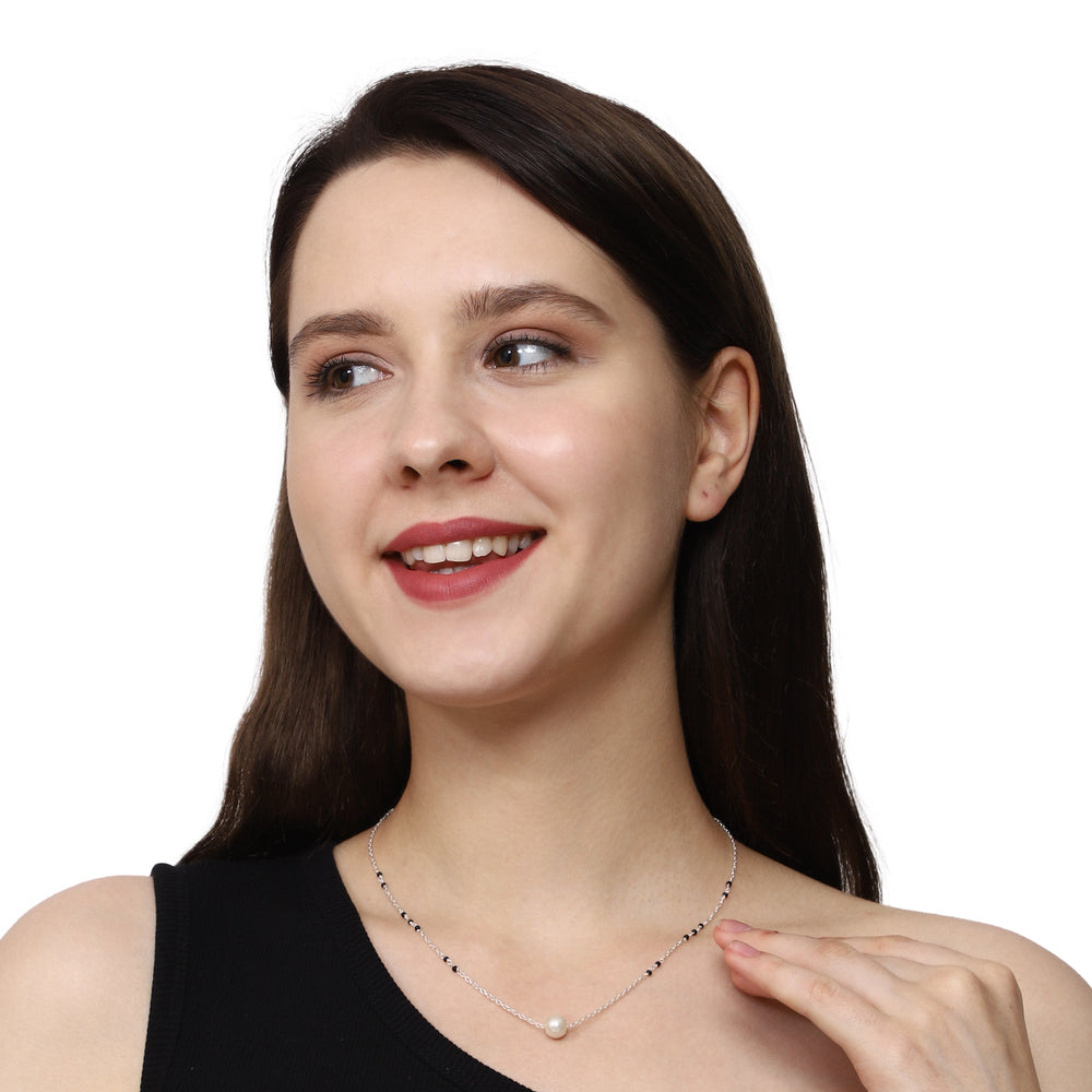 925 Sterling Silver Trendy Designer Pearl Black Beads Mangalsutra