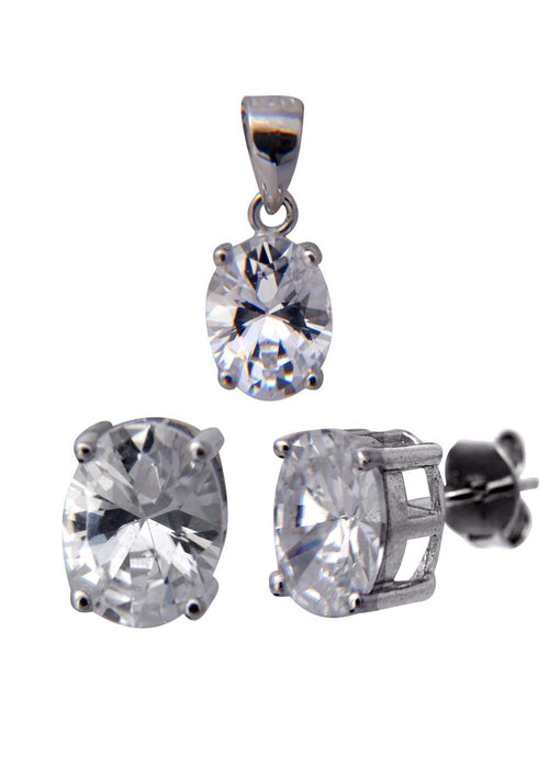 92.5 Sterling Silver Oval Shape CZ Solitaire Pendant Set - Default Title - Abhooshan