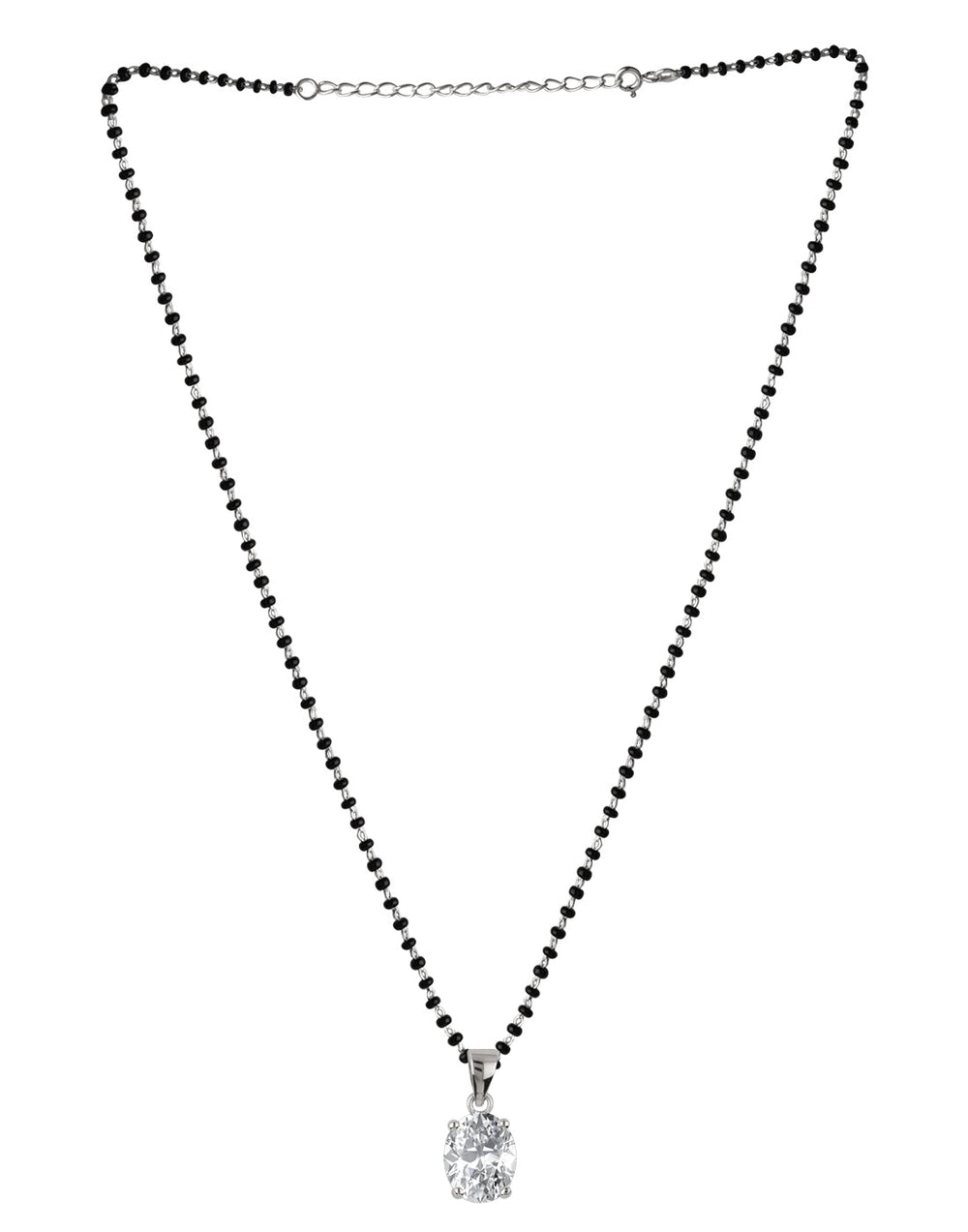 925 Silver Single Solitaire Oval CZ Stone Pendant with Earrings Black Beads Mangalsutra