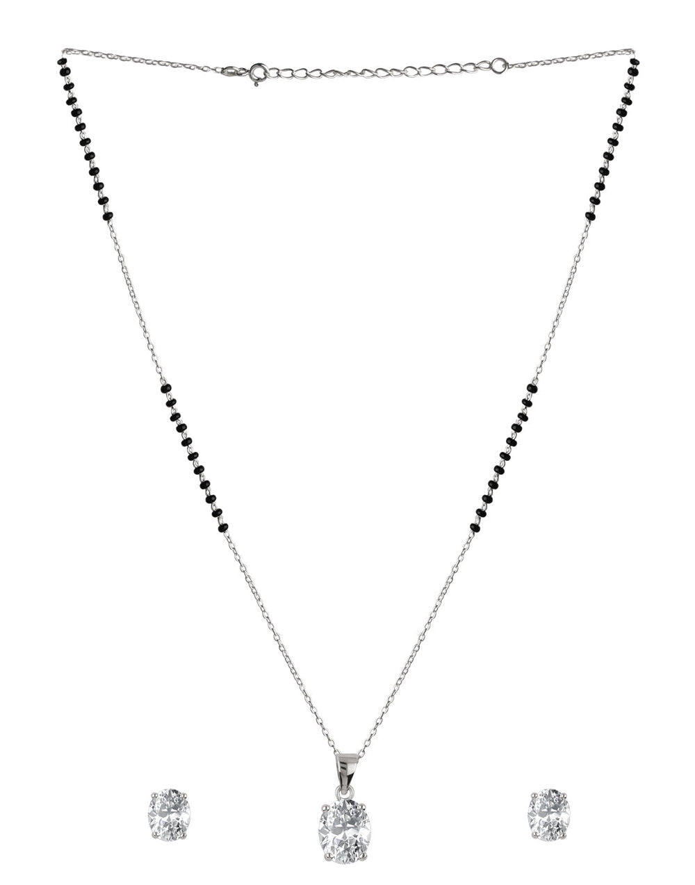 925 Silver Single Solitaire Oval CZ Stone Pendant with Earrings Black Beads Mangalsutra