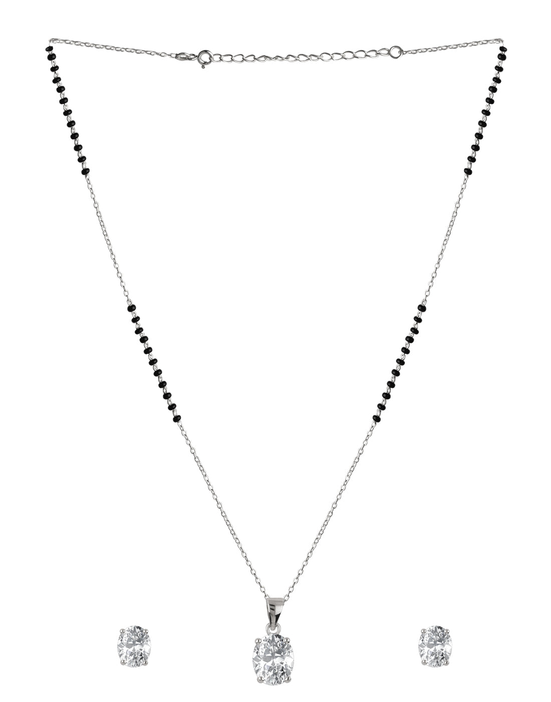 925 Silver Single Solitaire Oval CZ Stone Pendant with Earrings Black Beads Mangalsutra